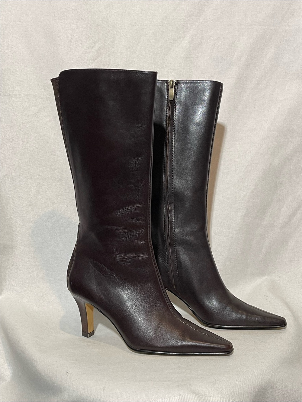 Anne Klein Dark Brown Pointed Toe Mid-Calf Leather Heeled Boots
